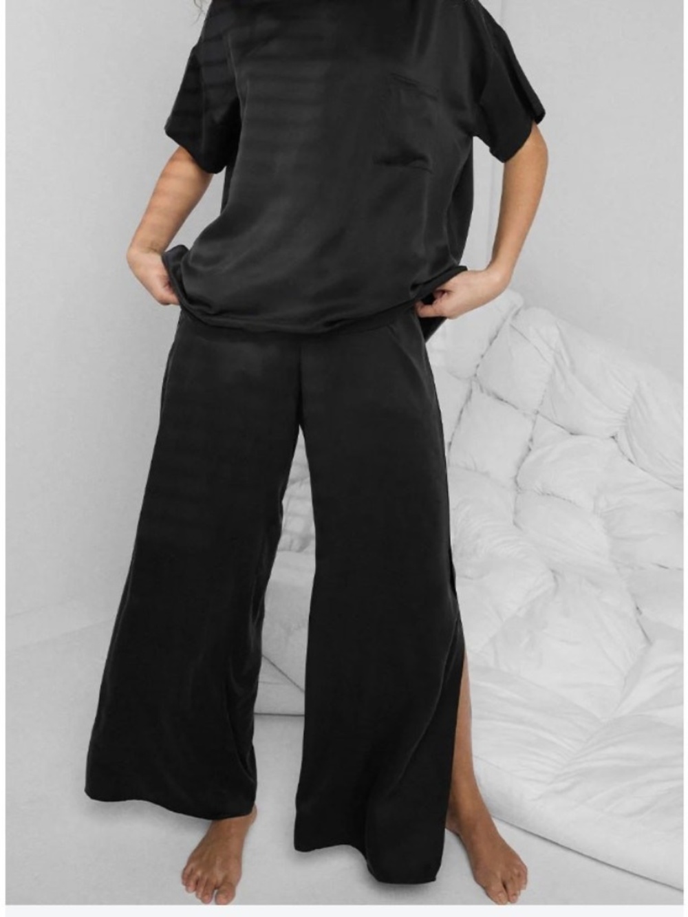 LUNYA Black 100% Silk Pajama Pants With Legs Long Side Slits Size 1X XL